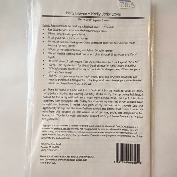 Bright Ideas Design 220 Pattern Holly Leaves Quilt Shirt Patchwork Unique Novel - Picture 4 of 6